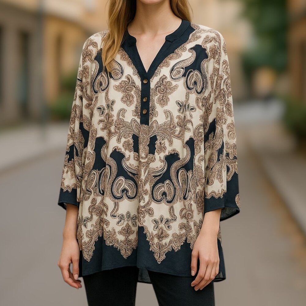 Paisley Tunic V-Neck Long Sleeve CLEO Taupe Black Cream Blouse Size Larges